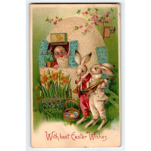 Easter Postcard Fantasy Dressed Rabbits Gnome Egg Shaped House Dwarf 1910 German - Picture 1 of 2